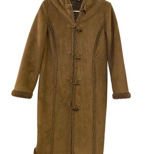 LL Bean Long Faux Suede Sherpa Hooded Brown Coat, toggles women's large